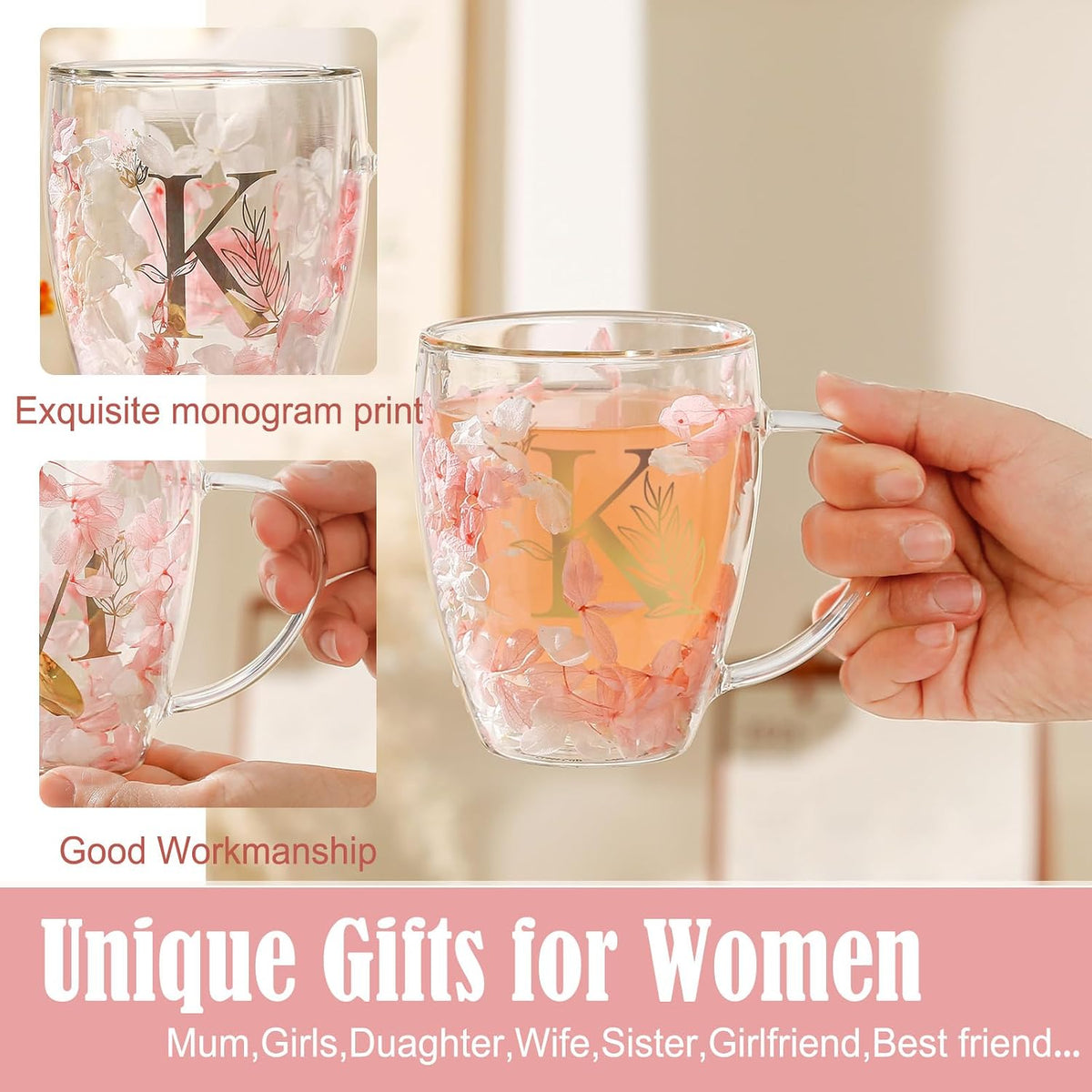 Personalized Gifts for Women Cute Double Wall Glass Coffee Mug Tea Cup with Spoon Customized Birthday Valentine Friendship Christmas Galentines Day Gifts for Women Her Sister Friends BFF Besties (B)