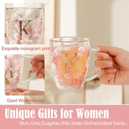 Personalized Gifts for Women Cute Double Wall Glass Coffee Mug Tea Cup with Spoon Customized Birthday Valentine Friendship Christmas Galentines Day Gifts for Women Her Sister Friends BFF Besties (B)