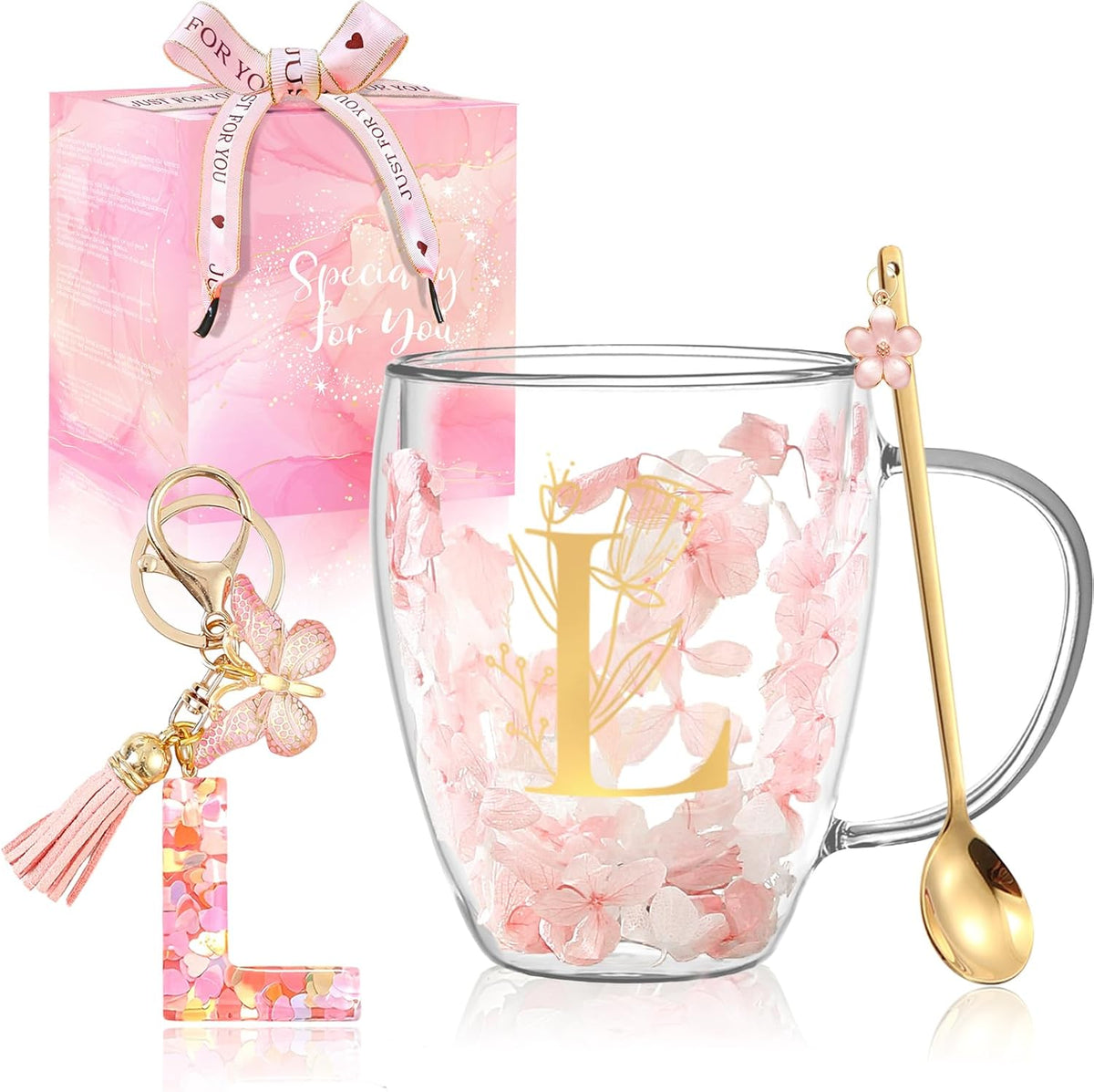 Personalized Gifts for Women Cute Double Wall Glass Coffee Mug Tea Cup with Spoon Customized Birthday Valentine Friendship Christmas Galentines Day Gifts for Women Her Sister Friends BFF Besties (B)