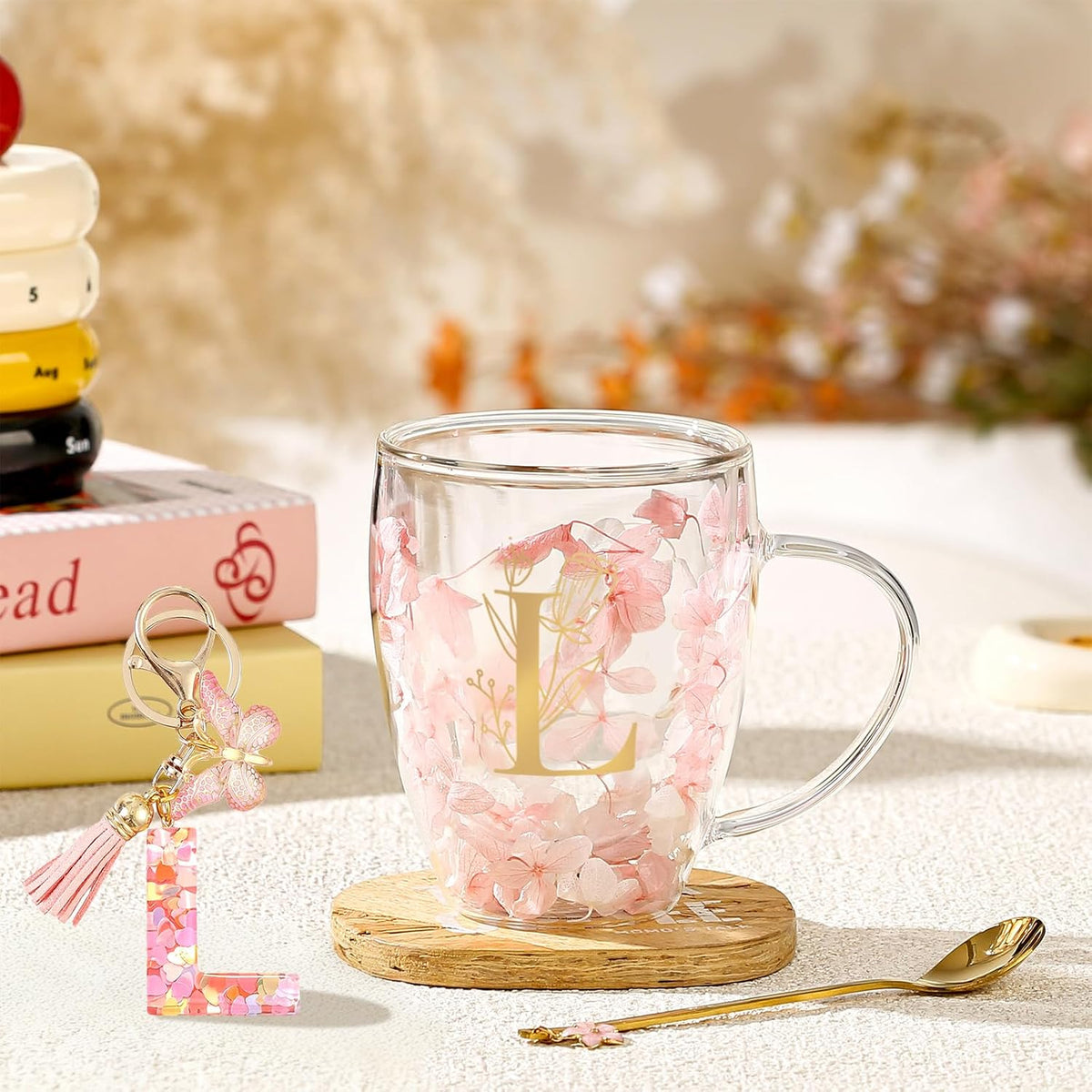 Personalized Gifts for Women Cute Double Wall Glass Coffee Mug Tea Cup with Spoon Customized Birthday Valentine Friendship Christmas Galentines Day Gifts for Women Her Sister Friends BFF Besties (B)