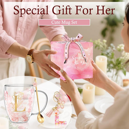 Personalized Gifts for Women Cute Double Wall Glass Coffee Mug Tea Cup with Spoon Customized Birthday Valentine Friendship Christmas Galentines Day Gifts for Women Her Sister Friends BFF Besties (B)