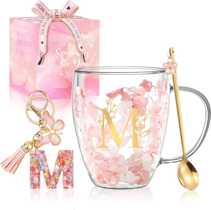 Personalized Gifts for Women Cute Double Wall Glass Coffee Mug Tea Cup with Spoon Customized Birthday Valentine Friendship Christmas Galentines Day Gifts for Women Her Sister Friends BFF Besties (B)