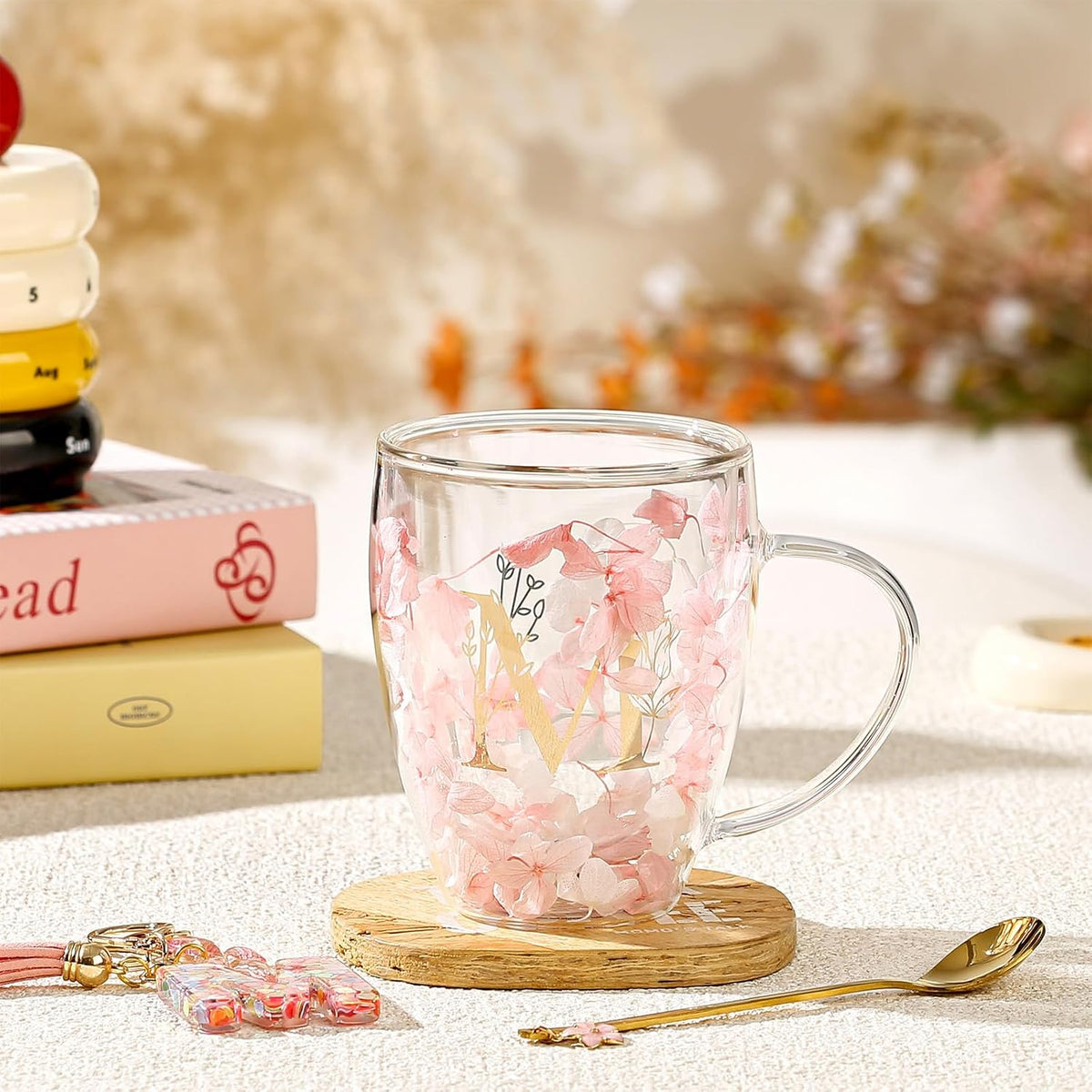 Personalized Gifts for Women Cute Double Wall Glass Coffee Mug Tea Cup with Spoon Customized Birthday Valentine Friendship Christmas Galentines Day Gifts for Women Her Sister Friends BFF Besties (B)
