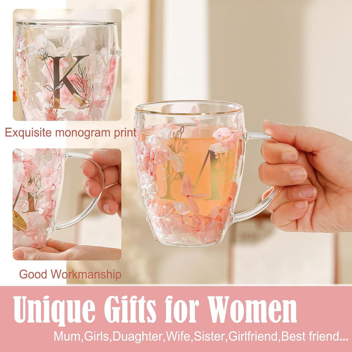 Personalized Gifts for Women Cute Double Wall Glass Coffee Mug Tea Cup with Spoon Customized Birthday Valentine Friendship Christmas Galentines Day Gifts for Women Her Sister Friends BFF Besties (B)