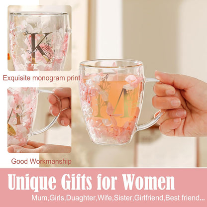 Personalized Gifts for Women Cute Double Wall Glass Coffee Mug Tea Cup with Spoon Customized Birthday Valentine Friendship Christmas Galentines Day Gifts for Women Her Sister Friends BFF Besties (B)