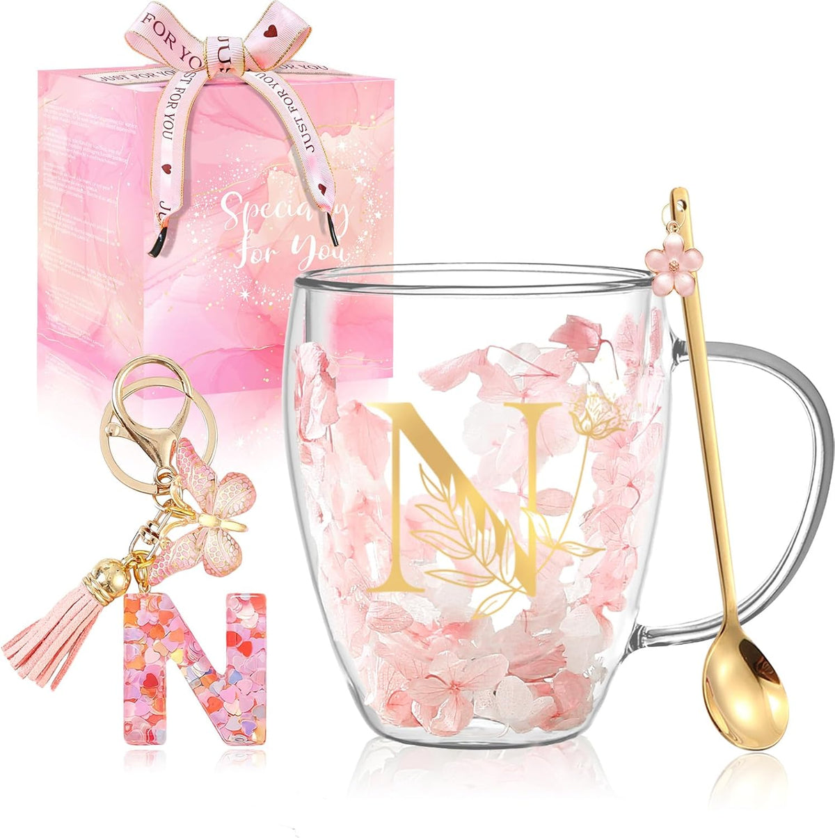 Personalized Gifts for Women Cute Double Wall Glass Coffee Mug Tea Cup with Spoon Customized Birthday Valentine Friendship Christmas Galentines Day Gifts for Women Her Sister Friends BFF Besties (B)