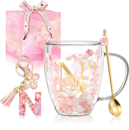 Personalized Gifts for Women Cute Double Wall Glass Coffee Mug Tea Cup with Spoon Customized Birthday Valentine Friendship Christmas Galentines Day Gifts for Women Her Sister Friends BFF Besties (B)
