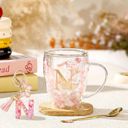 Personalized Gifts for Women Cute Double Wall Glass Coffee Mug Tea Cup with Spoon Customized Birthday Valentine Friendship Christmas Galentines Day Gifts for Women Her Sister Friends BFF Besties (B)