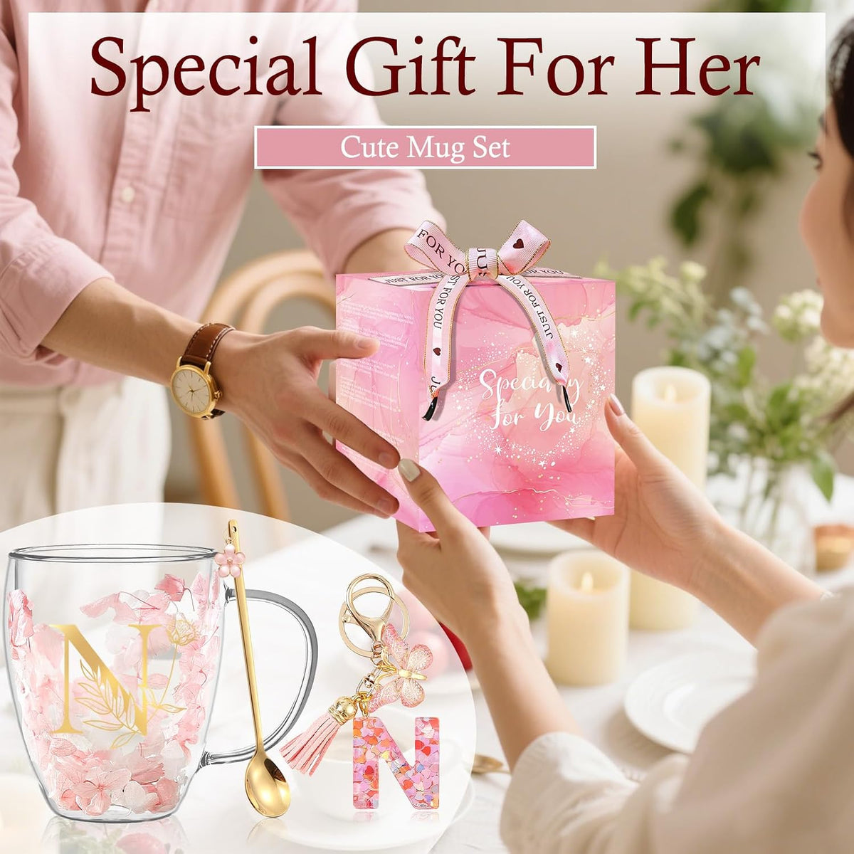Personalized Gifts for Women Cute Double Wall Glass Coffee Mug Tea Cup with Spoon Customized Birthday Valentine Friendship Christmas Galentines Day Gifts for Women Her Sister Friends BFF Besties (B)