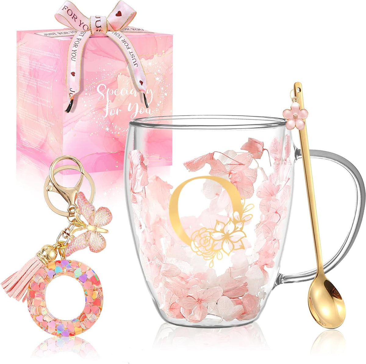 Personalized Gifts for Women Cute Double Wall Glass Coffee Mug Tea Cup with Spoon Customized Birthday Valentine Friendship Christmas Galentines Day Gifts for Women Her Sister Friends BFF Besties (B)