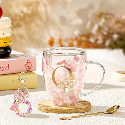 Personalized Gifts for Women Cute Double Wall Glass Coffee Mug Tea Cup with Spoon Customized Birthday Valentine Friendship Christmas Galentines Day Gifts for Women Her Sister Friends BFF Besties (B)