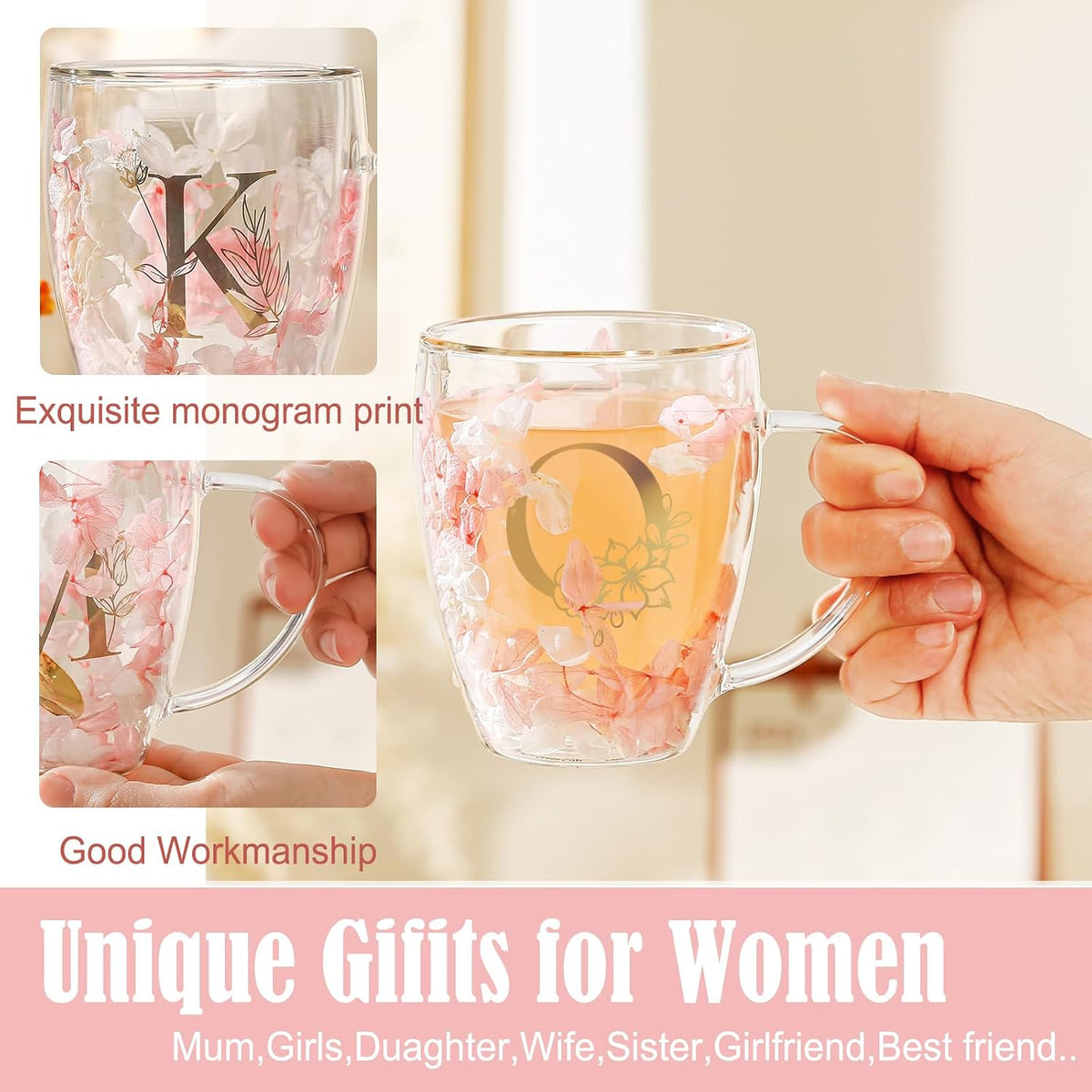 Personalized Gifts for Women Cute Double Wall Glass Coffee Mug Tea Cup with Spoon Customized Birthday Valentine Friendship Christmas Galentines Day Gifts for Women Her Sister Friends BFF Besties (B)