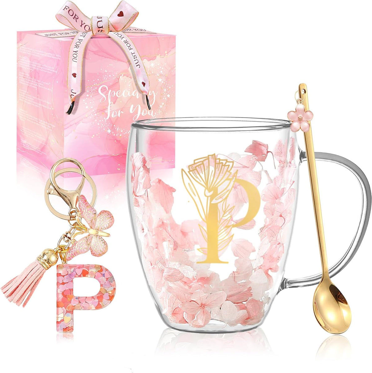 Personalized Gifts for Women Cute Double Wall Glass Coffee Mug Tea Cup with Spoon Customized Birthday Valentine Friendship Christmas Galentines Day Gifts for Women Her Sister Friends BFF Besties (B)