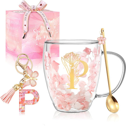 Personalized Gifts for Women Cute Double Wall Glass Coffee Mug Tea Cup with Spoon Customized Birthday Valentine Friendship Christmas Galentines Day Gifts for Women Her Sister Friends BFF Besties (B)