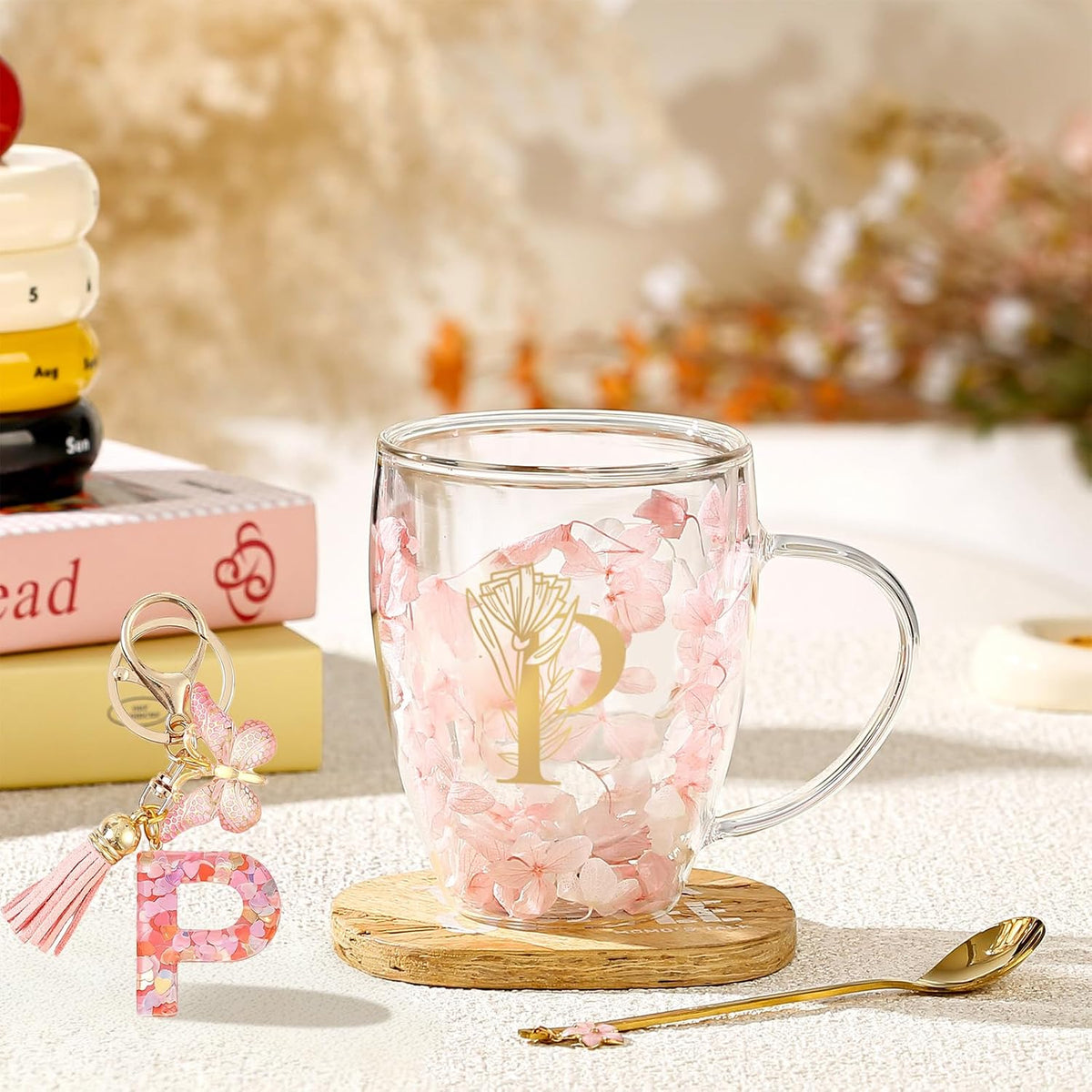 Personalized Gifts for Women Cute Double Wall Glass Coffee Mug Tea Cup with Spoon Customized Birthday Valentine Friendship Christmas Galentines Day Gifts for Women Her Sister Friends BFF Besties (B)