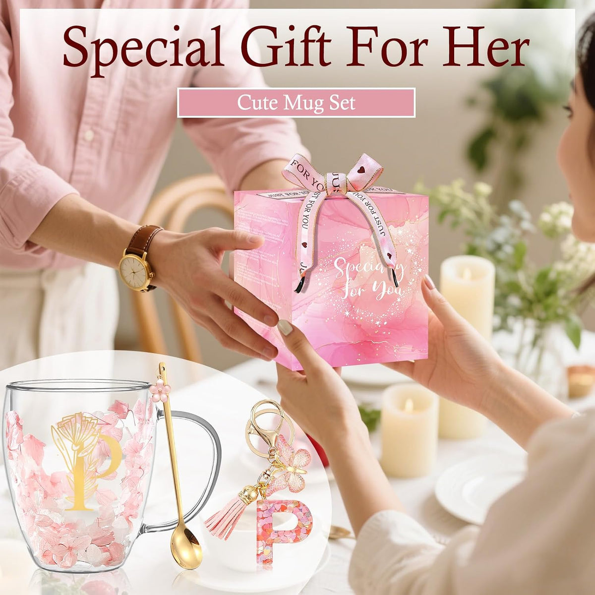 Personalized Gifts for Women Cute Double Wall Glass Coffee Mug Tea Cup with Spoon Customized Birthday Valentine Friendship Christmas Galentines Day Gifts for Women Her Sister Friends BFF Besties (B)