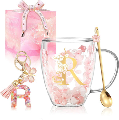 Personalized Gifts for Women Cute Double Wall Glass Coffee Mug Tea Cup with Spoon Customized Birthday Valentine Friendship Christmas Galentines Day Gifts for Women Her Sister Friends BFF Besties (B)
