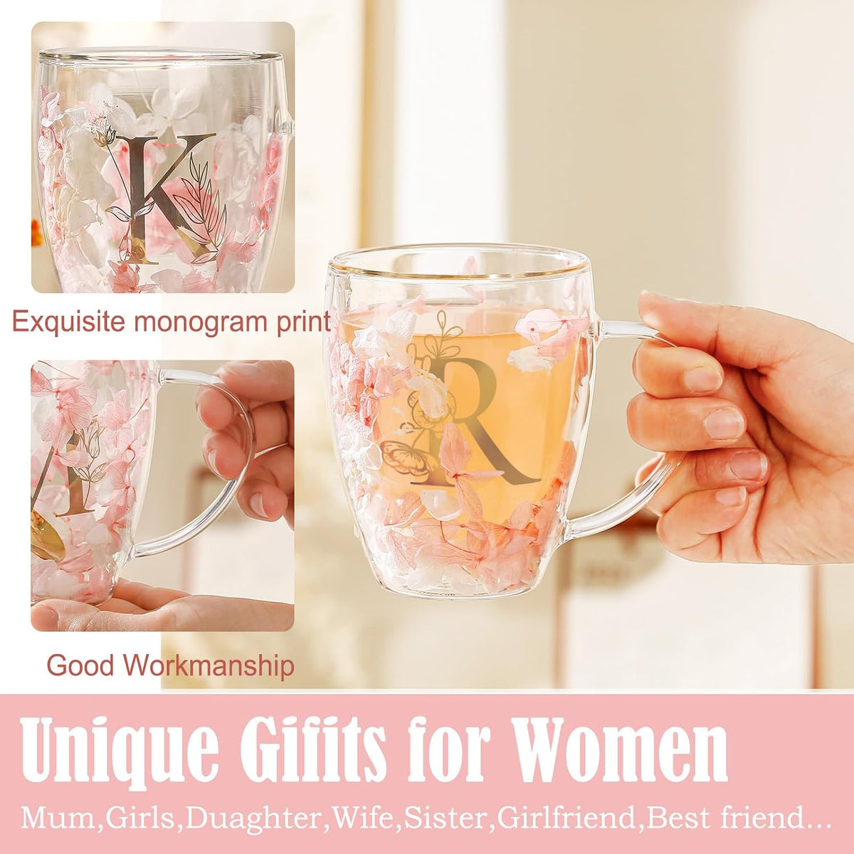 Personalized Gifts for Women Cute Double Wall Glass Coffee Mug Tea Cup with Spoon Customized Birthday Valentine Friendship Christmas Galentines Day Gifts for Women Her Sister Friends BFF Besties (B)