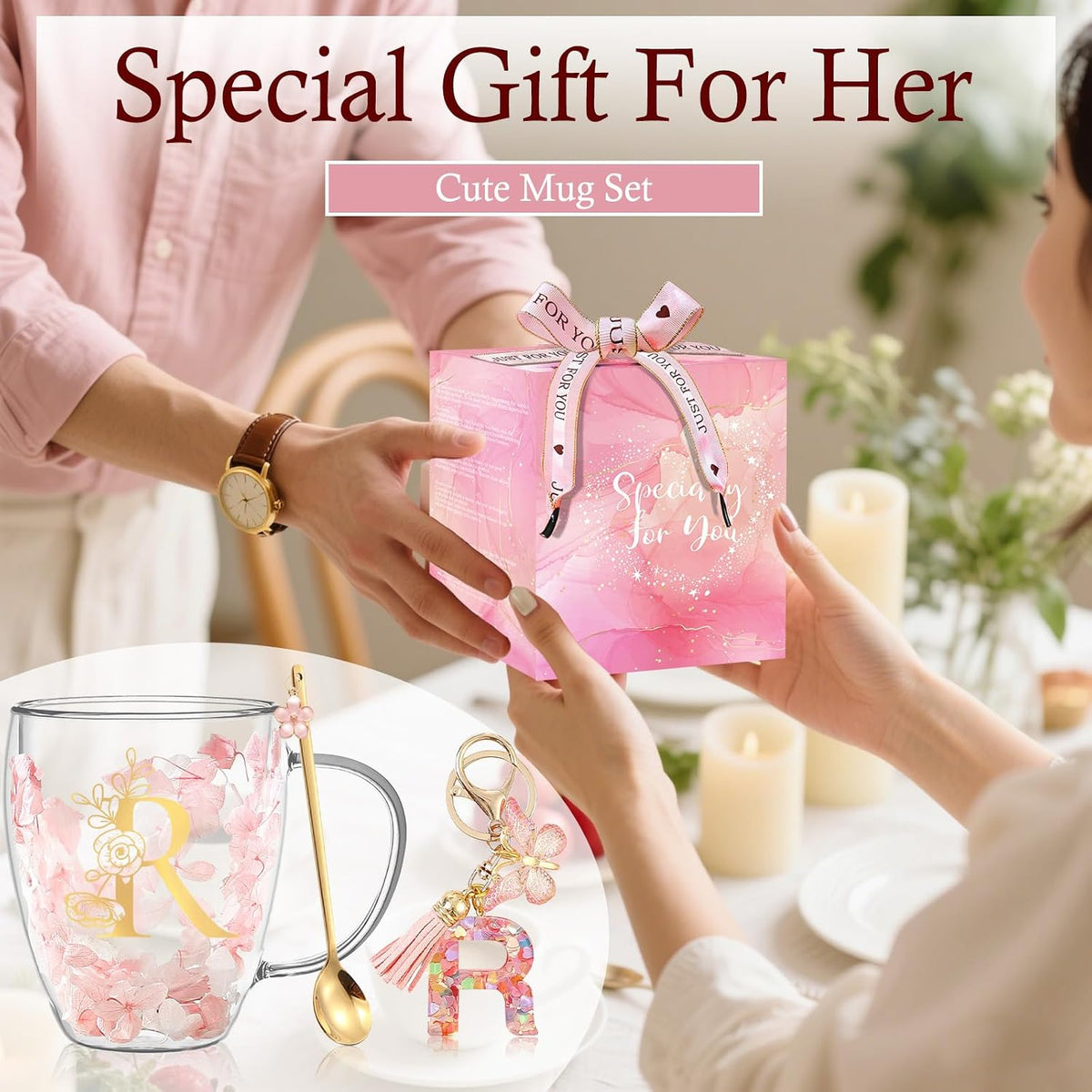 Personalized Gifts for Women Cute Double Wall Glass Coffee Mug Tea Cup with Spoon Customized Birthday Valentine Friendship Christmas Galentines Day Gifts for Women Her Sister Friends BFF Besties (B)