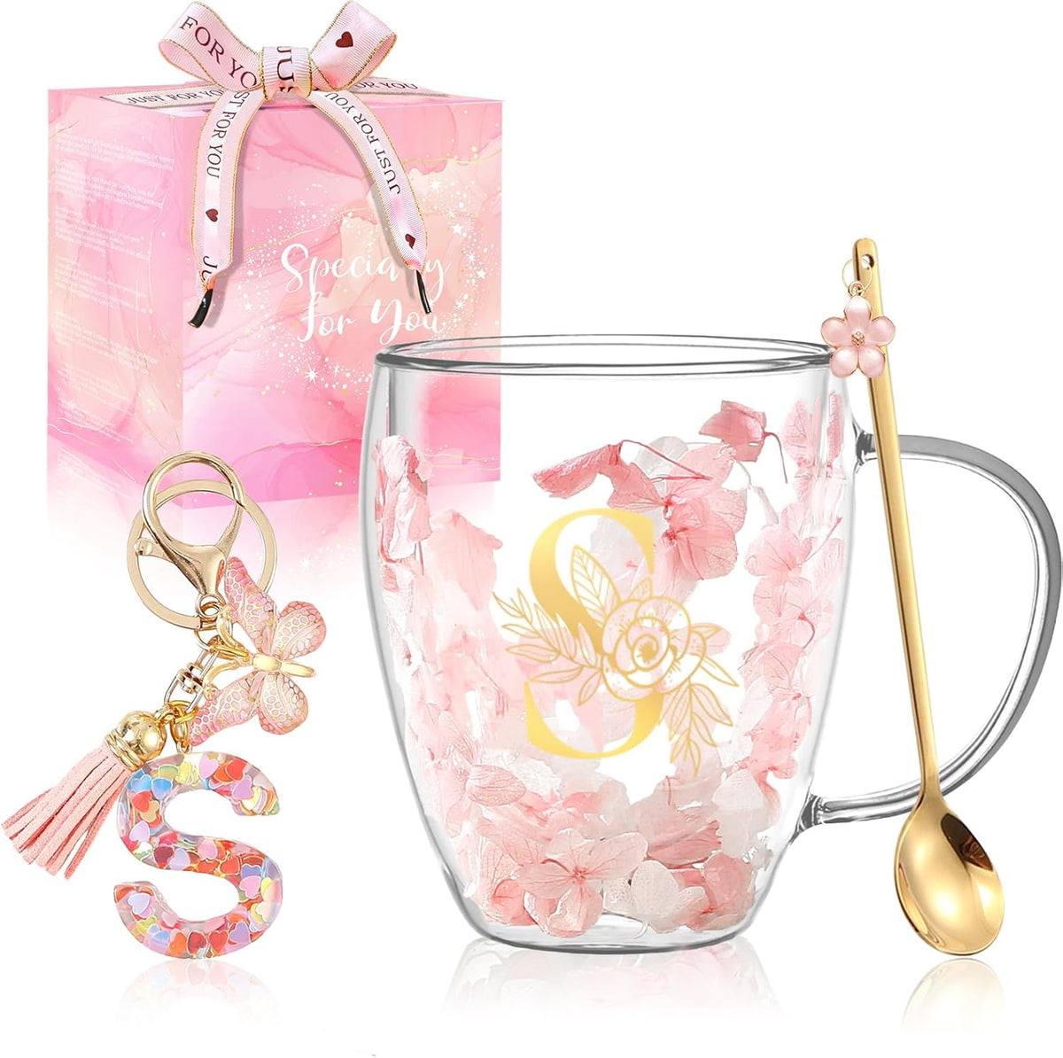 Personalized Gifts for Women Cute Double Wall Glass Coffee Mug Tea Cup with Spoon Customized Birthday Valentine Friendship Christmas Galentines Day Gifts for Women Her Sister Friends BFF Besties (B)