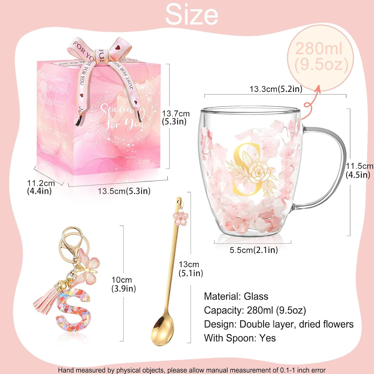 Personalized Gifts for Women Cute Double Wall Glass Coffee Mug Tea Cup with Spoon Customized Birthday Valentine Friendship Christmas Galentines Day Gifts for Women Her Sister Friends BFF Besties (B)