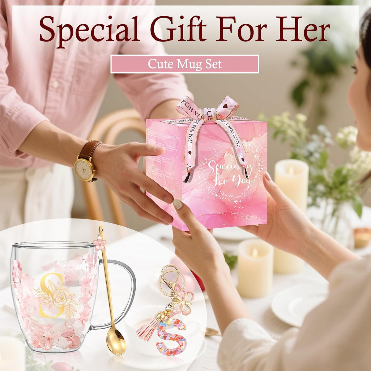 Personalized Gifts for Women Cute Double Wall Glass Coffee Mug Tea Cup with Spoon Customized Birthday Valentine Friendship Christmas Galentines Day Gifts for Women Her Sister Friends BFF Besties (B)