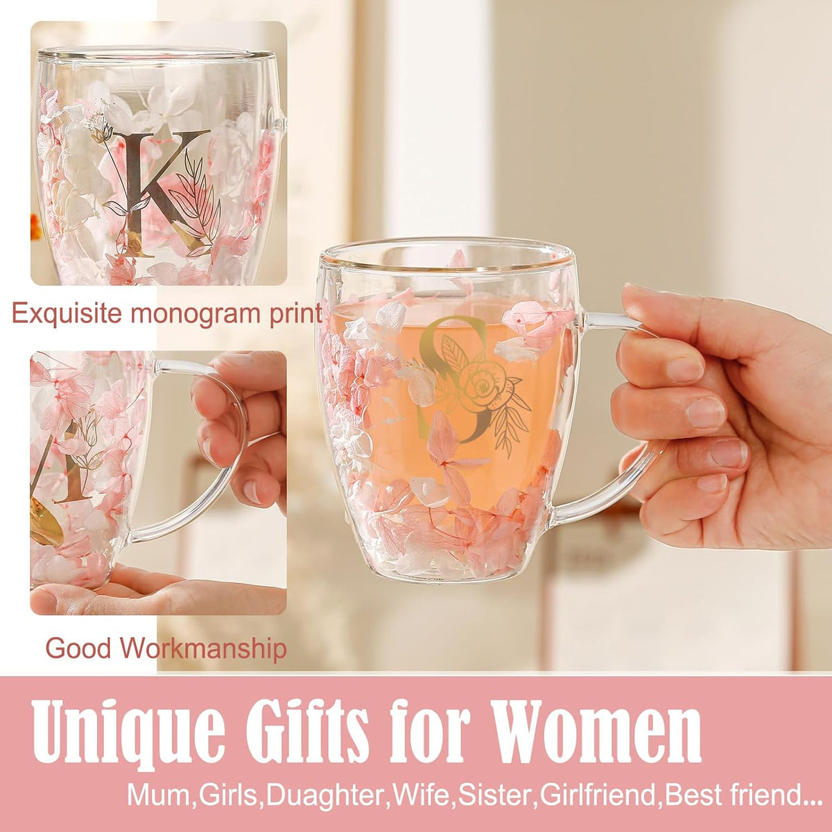 Personalized Gifts for Women Cute Double Wall Glass Coffee Mug Tea Cup with Spoon Customized Birthday Valentine Friendship Christmas Galentines Day Gifts for Women Her Sister Friends BFF Besties (B)