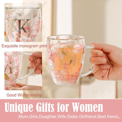 Personalized Gifts for Women Cute Double Wall Glass Coffee Mug Tea Cup with Spoon Customized Birthday Valentine Friendship Christmas Galentines Day Gifts for Women Her Sister Friends BFF Besties (B)
