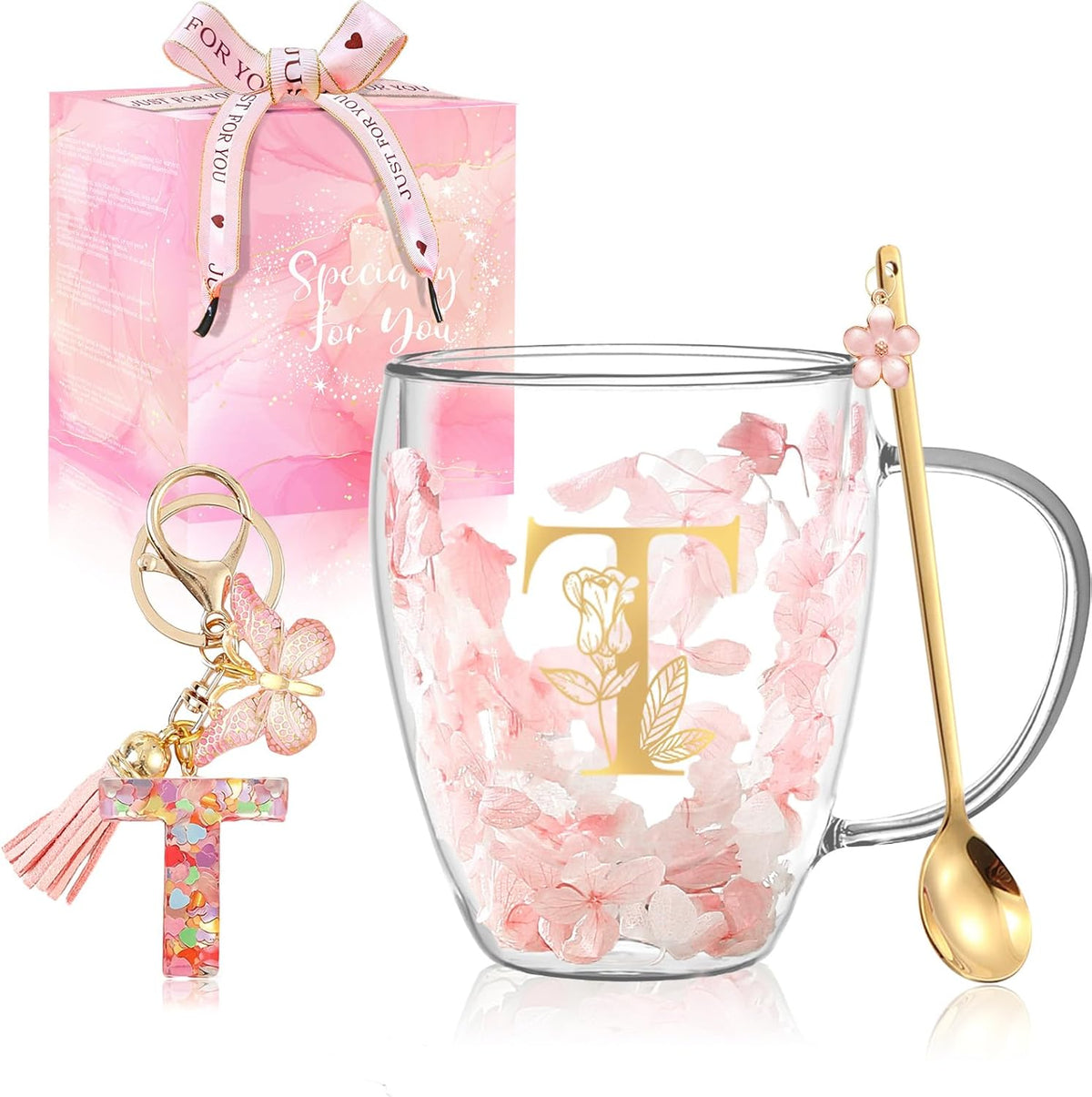Personalized Gifts for Women Cute Double Wall Glass Coffee Mug Tea Cup with Spoon Customized Birthday Valentine Friendship Christmas Galentines Day Gifts for Women Her Sister Friends BFF Besties (B)