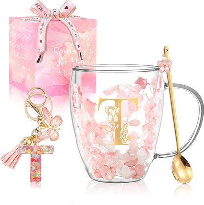 Personalized Gifts for Women Cute Double Wall Glass Coffee Mug Tea Cup with Spoon Customized Birthday Valentine Friendship Christmas Galentines Day Gifts for Women Her Sister Friends BFF Besties (B)