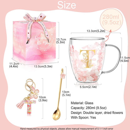 Personalized Gifts for Women Cute Double Wall Glass Coffee Mug Tea Cup with Spoon Customized Birthday Valentine Friendship Christmas Galentines Day Gifts for Women Her Sister Friends BFF Besties (B)