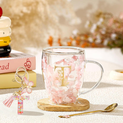 Personalized Gifts for Women Cute Double Wall Glass Coffee Mug Tea Cup with Spoon Customized Birthday Valentine Friendship Christmas Galentines Day Gifts for Women Her Sister Friends BFF Besties (B)