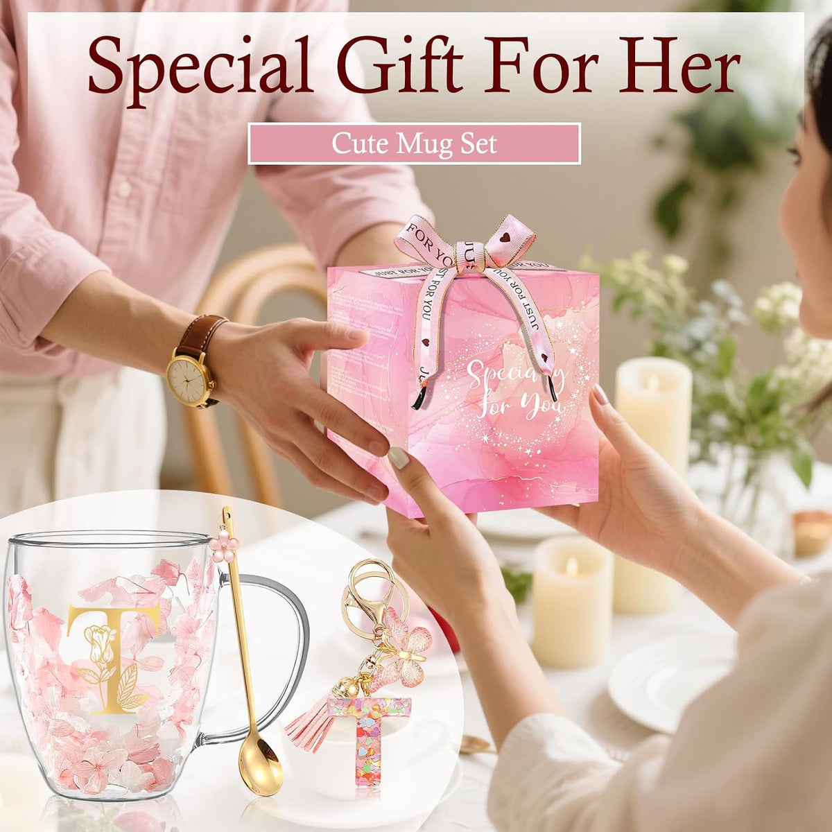 Personalized Gifts for Women Cute Double Wall Glass Coffee Mug Tea Cup with Spoon Customized Birthday Valentine Friendship Christmas Galentines Day Gifts for Women Her Sister Friends BFF Besties (B)