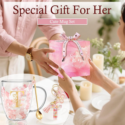 Personalized Gifts for Women Cute Double Wall Glass Coffee Mug Tea Cup with Spoon Customized Birthday Valentine Friendship Christmas Galentines Day Gifts for Women Her Sister Friends BFF Besties (B)