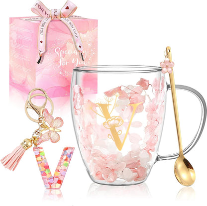 Personalized Gifts for Women Cute Double Wall Glass Coffee Mug Tea Cup with Spoon Customized Birthday Valentine Friendship Christmas Galentines Day Gifts for Women Her Sister Friends BFF Besties (B)