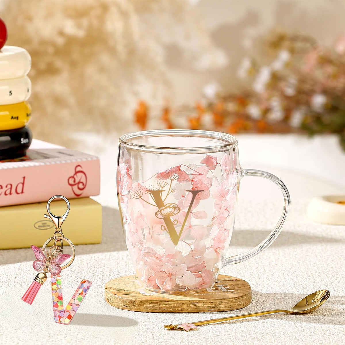 Personalized Gifts for Women Cute Double Wall Glass Coffee Mug Tea Cup with Spoon Customized Birthday Valentine Friendship Christmas Galentines Day Gifts for Women Her Sister Friends BFF Besties (B)