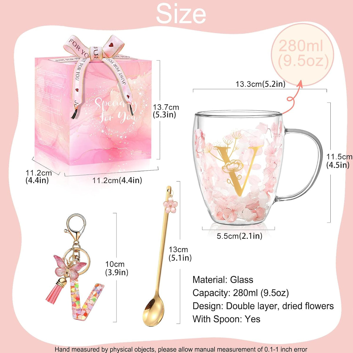 Personalized Gifts for Women Cute Double Wall Glass Coffee Mug Tea Cup with Spoon Customized Birthday Valentine Friendship Christmas Galentines Day Gifts for Women Her Sister Friends BFF Besties (B)