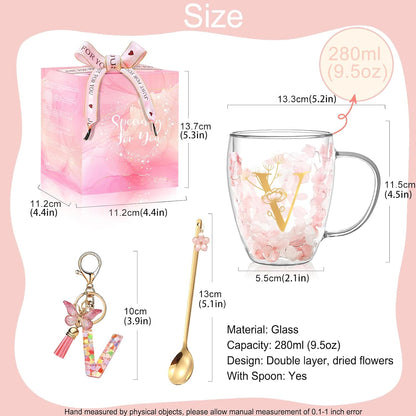 Personalized Gifts for Women Cute Double Wall Glass Coffee Mug Tea Cup with Spoon Customized Birthday Valentine Friendship Christmas Galentines Day Gifts for Women Her Sister Friends BFF Besties (B)