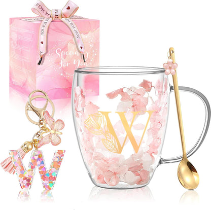Personalized Gifts for Women Cute Double Wall Glass Coffee Mug Tea Cup with Spoon Customized Birthday Valentine Friendship Christmas Galentines Day Gifts for Women Her Sister Friends BFF Besties (B)