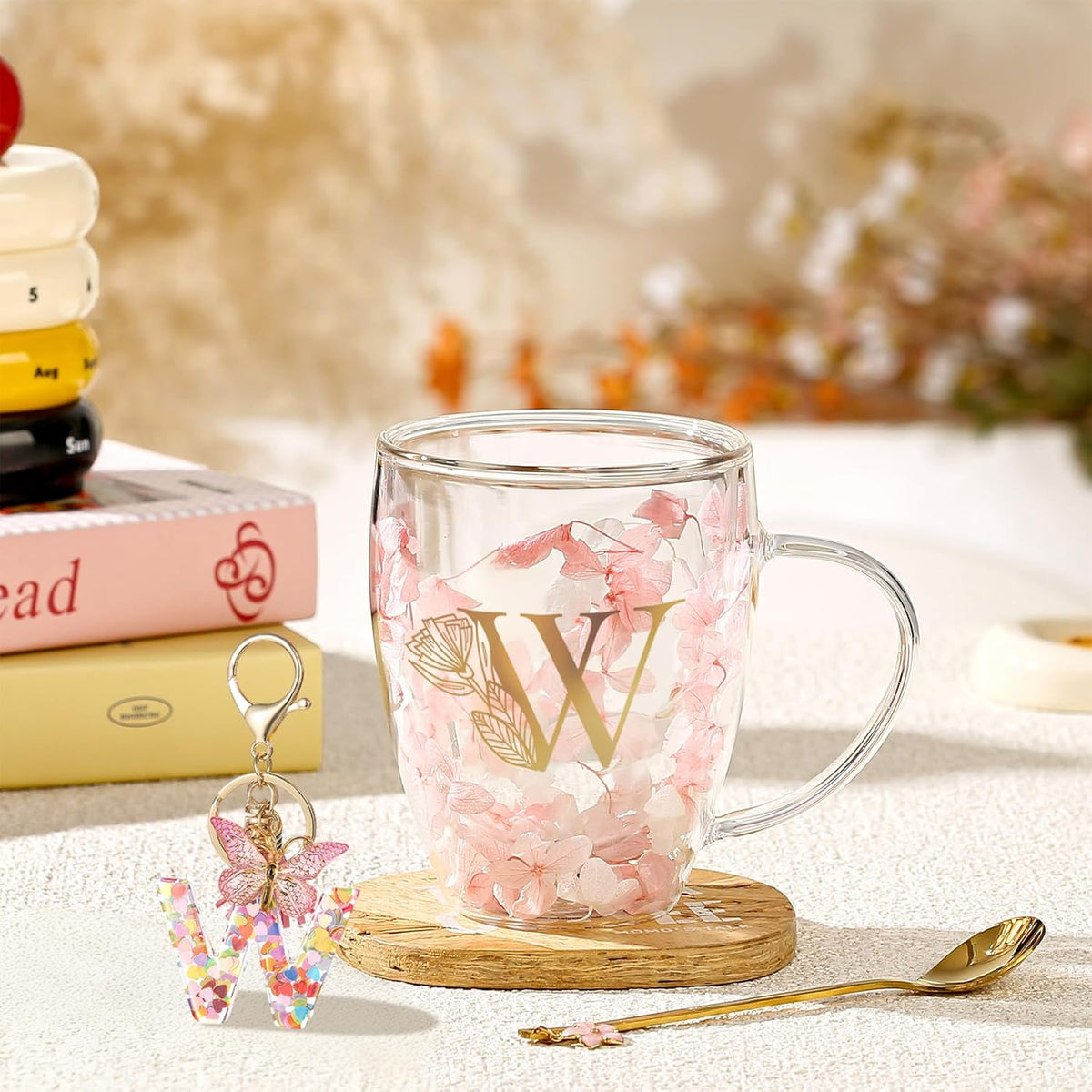 Personalized Gifts for Women Cute Double Wall Glass Coffee Mug Tea Cup with Spoon Customized Birthday Valentine Friendship Christmas Galentines Day Gifts for Women Her Sister Friends BFF Besties (B)
