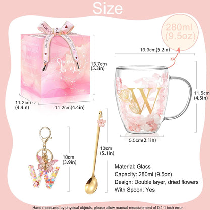Personalized Gifts for Women Cute Double Wall Glass Coffee Mug Tea Cup with Spoon Customized Birthday Valentine Friendship Christmas Galentines Day Gifts for Women Her Sister Friends BFF Besties (B)