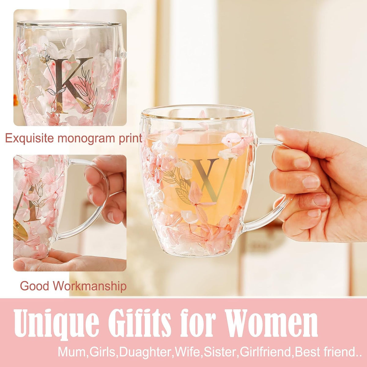 Personalized Gifts for Women Cute Double Wall Glass Coffee Mug Tea Cup with Spoon Customized Birthday Valentine Friendship Christmas Galentines Day Gifts for Women Her Sister Friends BFF Besties (B)