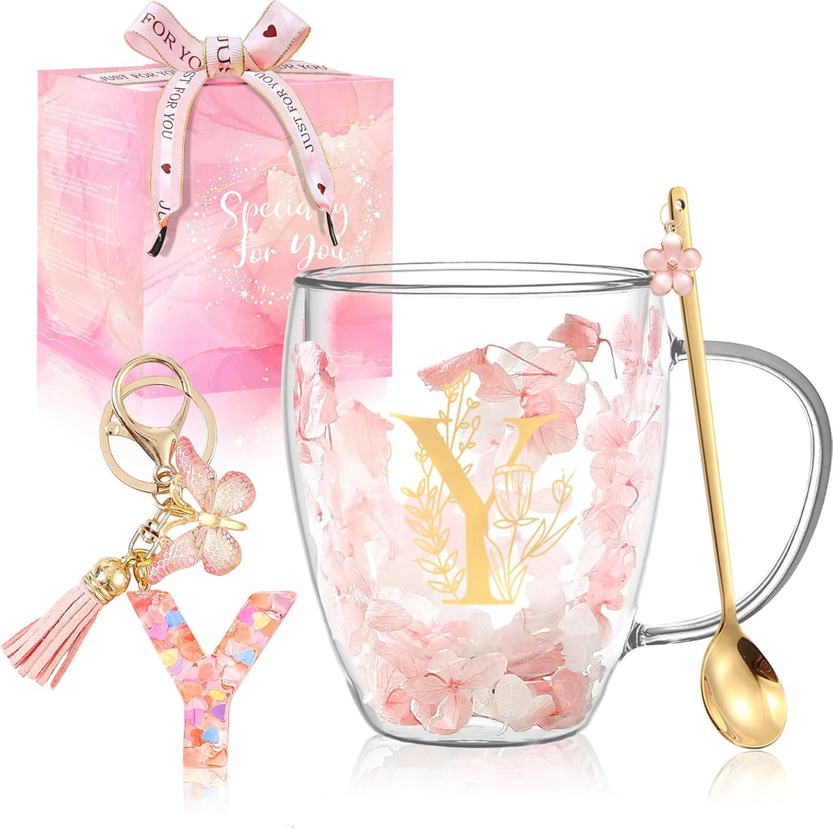 Personalized Gifts for Women Cute Double Wall Glass Coffee Mug Tea Cup with Spoon Customized Birthday Valentine Friendship Christmas Galentines Day Gifts for Women Her Sister Friends BFF Besties (B)