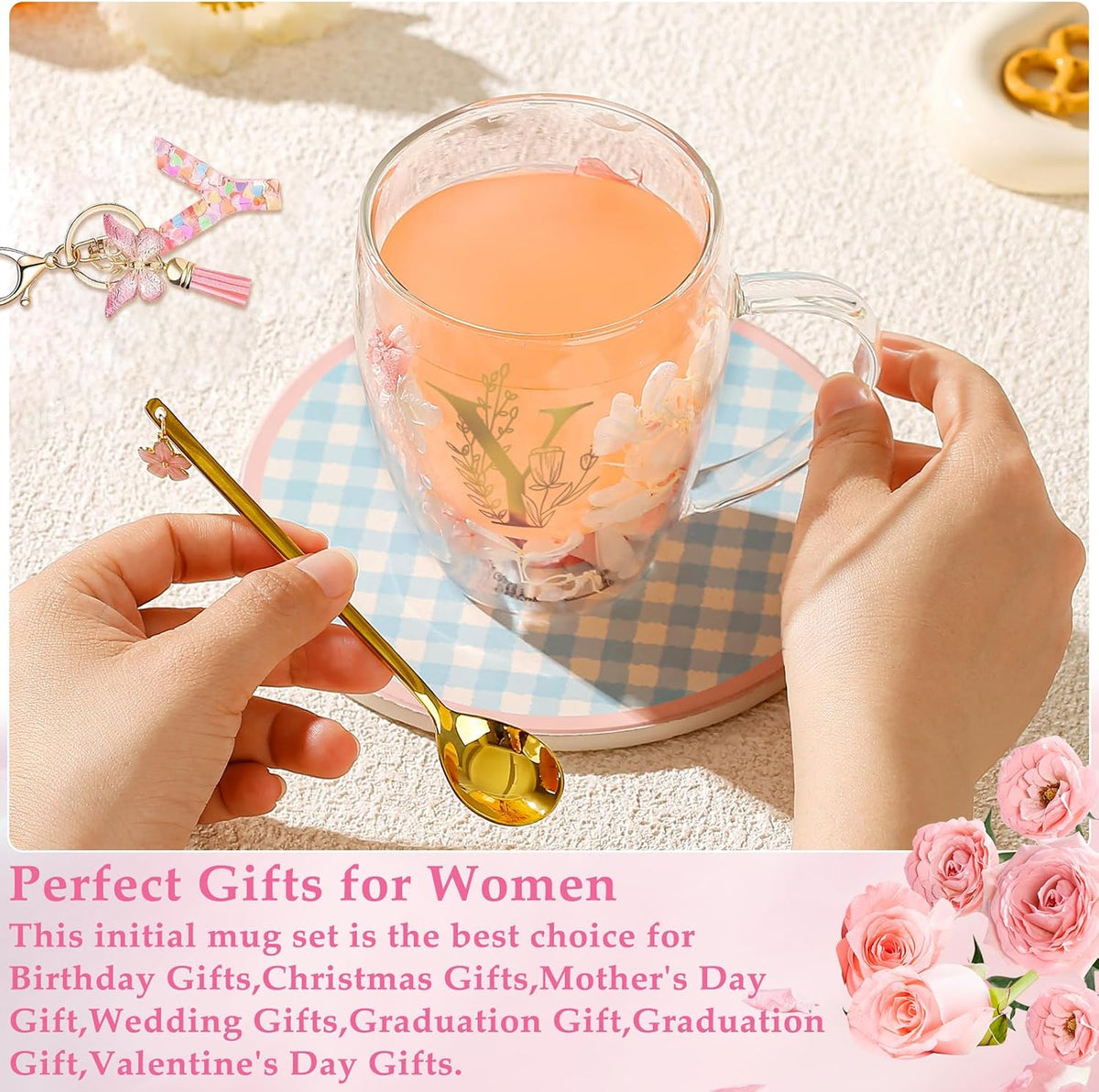 Personalized Gifts for Women Cute Double Wall Glass Coffee Mug Tea Cup with Spoon Customized Birthday Valentine Friendship Christmas Galentines Day Gifts for Women Her Sister Friends BFF Besties (B)