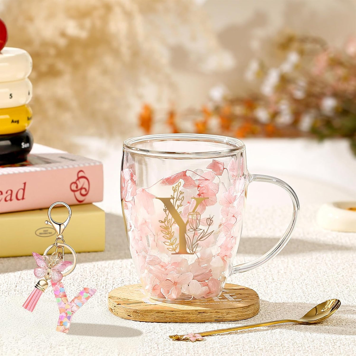 Personalized Gifts for Women Cute Double Wall Glass Coffee Mug Tea Cup with Spoon Customized Birthday Valentine Friendship Christmas Galentines Day Gifts for Women Her Sister Friends BFF Besties (B)