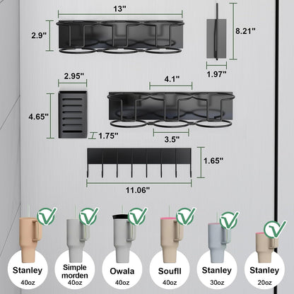 Magnetic Cup Holder for Fridge, Tumbler Organizer Fits 20/30/40 oz Stanley Cups, Accessory Storage with Lid & Straw Holder, Space-Saving Storage Rack for Kitchen Fridge (Black-Cup Holder Set)