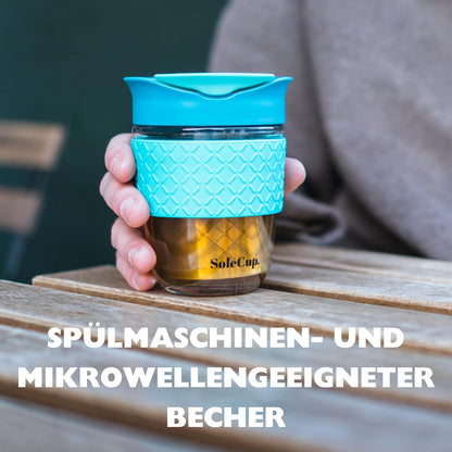 Travel Mug Loose Tea Infuser - Detachable Tea Strainer with Spillproof Lid - BPA-Free Reusable Glass Travel Coffee Cup with Silicone Band (Ice Cream, 12oz)