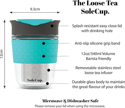 Travel Mug Loose Tea Infuser - Detachable Tea Strainer with Spillproof Lid - BPA-Free Reusable Glass Travel Coffee Cup with Silicone Band (Ice Cream, 12oz)