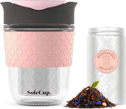 Travel Mug Loose Tea Infuser - Detachable Tea Strainer with Spillproof Lid - BPA-Free Reusable Glass Travel Coffee Cup with Silicone Band (Ice Cream, 12oz)