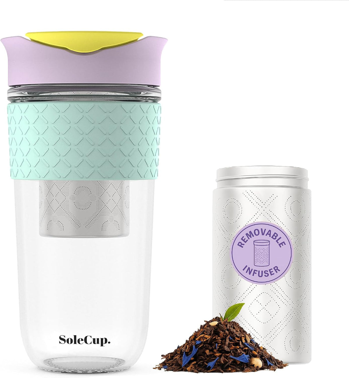 Travel Mug Loose Tea Infuser - Detachable Tea Strainer with Spillproof Lid - BPA-Free Reusable Glass Travel Coffee Cup with Silicone Band (Ice Cream, 12oz)